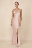 Sheath Cowl Neck Satin Bridesmaid Dress With Slit in Pale Blush - KISS BRIDAL Bridesmaid Dresses