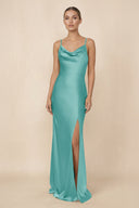 Sheath Cowl Neck Satin Bridesmaid Dress With Slit in Pale Pistachio - KISS BRIDAL Bridesmaid Dresses