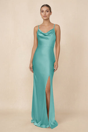 Sheath Cowl Neck Satin Bridesmaid Dress With Slit in Pale Pistachio - KISS BRIDAL Bridesmaid Dresses