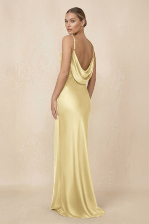 Sheath Cowl Neck Satin Bridesmaid Dress With Slit in Pastel Yellow - KISS BRIDAL Bridesmaid Dresses