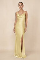 Sheath Cowl Neck Satin Bridesmaid Dress With Slit in Pastel Yellow - KISS BRIDAL Bridesmaid Dresses