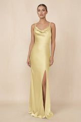 Sheath Cowl Neck Satin Bridesmaid Dress With Slit in Pastel Yellow - KISS BRIDAL Bridesmaid Dresses