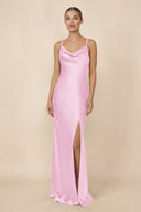 Sheath Cowl Neck Satin Bridesmaid Dress With Slit in Pink - KISS BRIDAL Bridesmaid Dresses