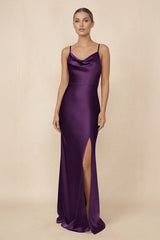 Sheath Cowl Neck Satin Bridesmaid Dress With Slit in Plum - KISS BRIDAL Bridesmaid Dresses