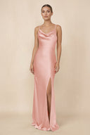 Sheath Cowl Neck Satin Bridesmaid Dress With Slit in Rose Petal - KISS BRIDAL Bridesmaid Dresses