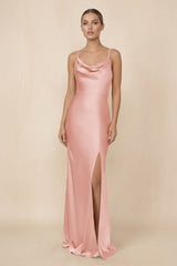 Sheath Cowl Neck Satin Bridesmaid Dress With Slit in Rose Petal - KISS BRIDAL Bridesmaid Dresses