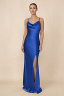 Sheath Cowl Neck Satin Bridesmaid Dress With Slit in Royal Blue - KISS BRIDAL Bridesmaid Dresses