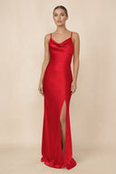 Sheath Cowl Neck Satin Bridesmaid Dress With Slit in Ruby Red - KISS BRIDAL Bridesmaid Dresses