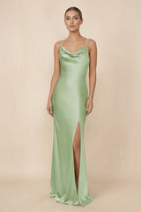 Sheath Cowl Neck Satin Bridesmaid Dress With Slit in Sage - KISS BRIDAL Bridesmaid Dresses