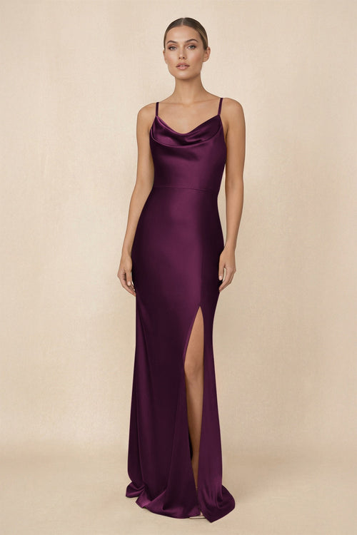 Sheath Cowl Neck Satin Bridesmaid Dress With Slit in Sangria - KISS BRIDAL Bridesmaid Dresses