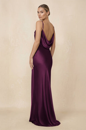 Sheath Cowl Neck Satin Bridesmaid Dress With Slit in Sangria - KISS BRIDAL Bridesmaid Dresses
