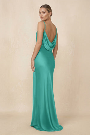 Sheath Cowl Neck Satin Bridesmaid Dress With Slit in Sea Glass - KISS BRIDAL Bridesmaid Dresses