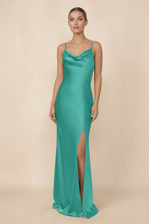 Sheath Cowl Neck Satin Bridesmaid Dress With Slit in Sea Glass - KISS BRIDAL Bridesmaid Dresses