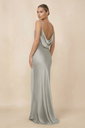 Sheath Cowl Neck Satin Bridesmaid Dress With Slit in Silver - KISS BRIDAL Bridesmaid Dresses