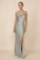 Sheath Cowl Neck Satin Bridesmaid Dress With Slit in Silver - KISS BRIDAL Bridesmaid Dresses