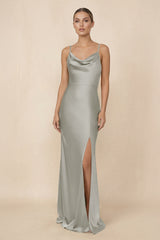 Sheath Cowl Neck Satin Bridesmaid Dress With Slit in Silver - KISS BRIDAL Bridesmaid Dresses