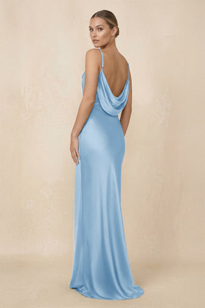 Sheath Cowl Neck Satin Bridesmaid Dress With Slit in Sky Blue - KISS BRIDAL Bridesmaid Dresses