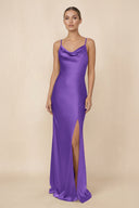 Sheath Cowl Neck Satin Bridesmaid Dress With Slit in Tahiti - KISS BRIDAL Bridesmaid Dresses