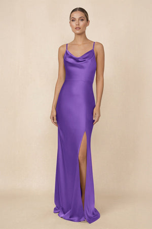 Sheath Cowl Neck Satin Bridesmaid Dress With Slit in Tahiti - KISS BRIDAL Bridesmaid Dresses