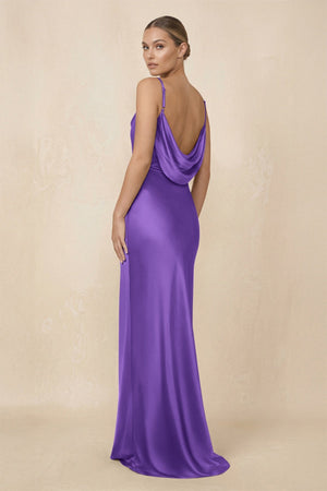 Sheath Cowl Neck Satin Bridesmaid Dress With Slit in Tahiti - KISS BRIDAL Bridesmaid Dresses