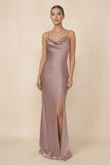 Sheath Cowl Neck Satin Bridesmaid Dress With Slit in Toffee - KISS BRIDAL Bridesmaid Dresses