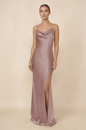 Sheath Cowl Neck Satin Bridesmaid Dress With Slit in Toffee - KISS BRIDAL Bridesmaid Dresses