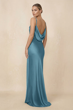 Sheath Cowl Neck Satin Bridesmaid Dress With Slit in Twilight - KISS BRIDAL Bridesmaid Dresses