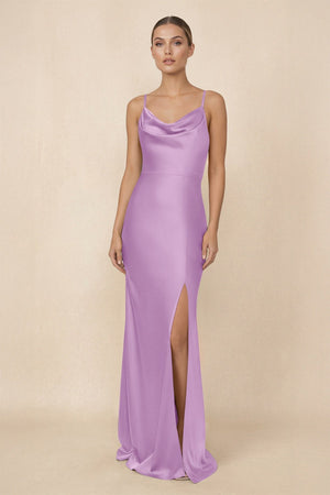 Sheath Cowl Neck Satin Bridesmaid Dress With Slit in Vintage Mauve - KISS BRIDAL Bridesmaid Dresses