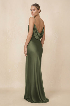 Sheath Cowl Neck Satin Bridesmaid Dress With Slit in Willow Green - KISS BRIDAL Bridesmaid Dresses