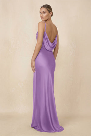 Sheath Cowl Neck Satin Bridesmaid Dress With Slit in Wisteria - KISS BRIDAL Bridesmaid Dresses