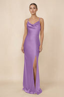 Sheath Cowl Neck Satin Bridesmaid Dress With Slit in Wisteria - KISS BRIDAL Bridesmaid Dresses