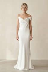 Sheath Cowl Neck Satin Maxi Wedding Dress in White - KISS BRIDAL Wedding Dresses