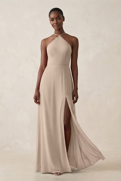 Sheath Halter Chiffon Bridesmaid Dress with Slit in Almond - SHE IS ME Bridesmaid Dresses