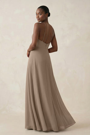 Sheath Halter Chiffon Bridesmaid Dress with Slit in Almond (2) | KISSBRIDAL