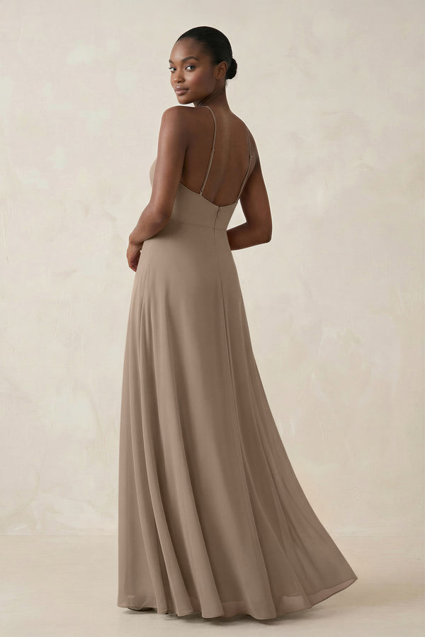 Sheath Halter Chiffon Bridesmaid Dress with Slit in Almond (2) | KISSBRIDAL