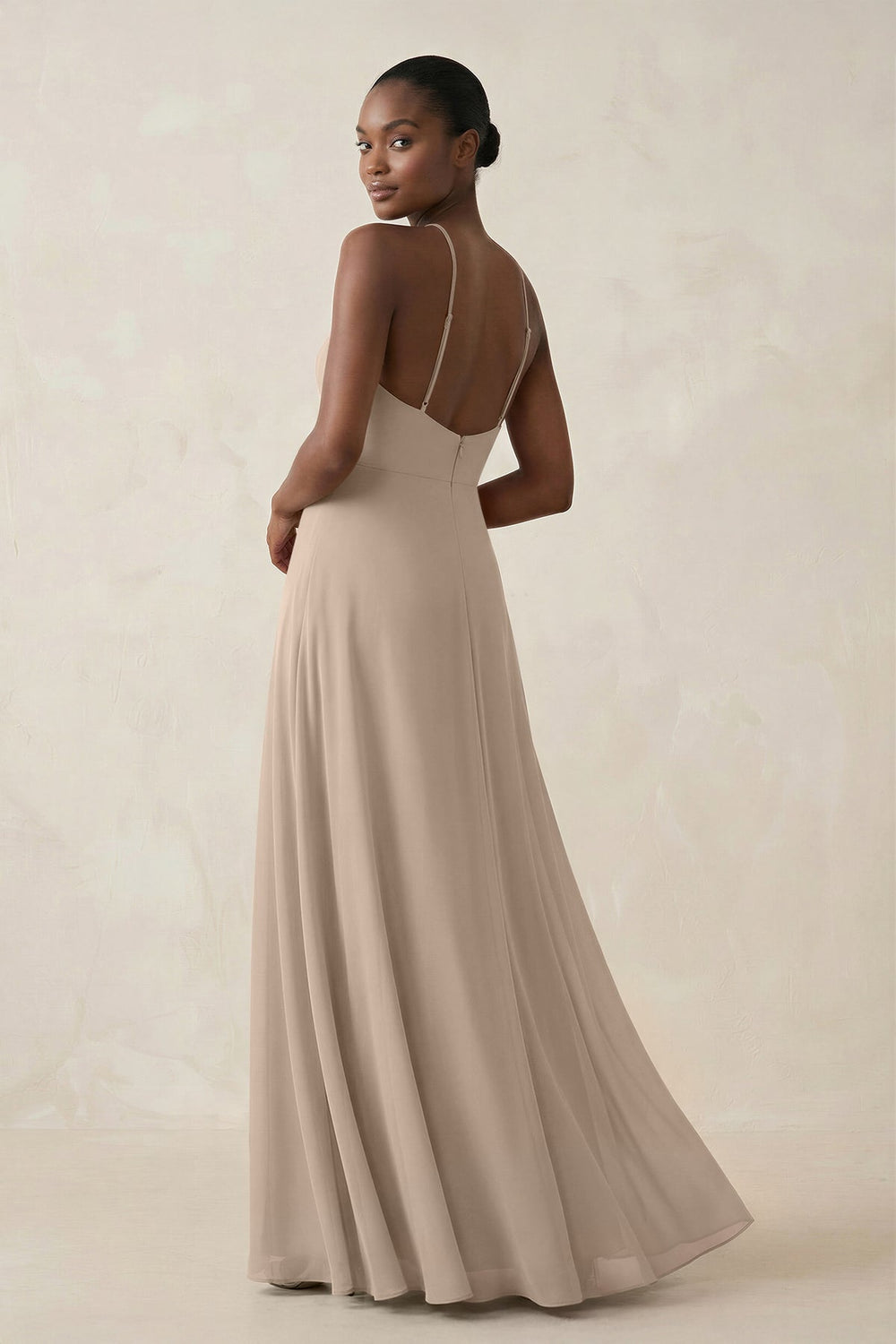 Sheath Halter Chiffon Bridesmaid Dress with Slit in Almond - KISS BRIDAL Bridesmaid Dresses