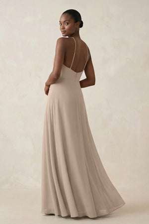 Sheath Halter Chiffon Bridesmaid Dress with Slit in Almond - SHE IS ME Bridesmaid Dresses