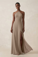 Sheath Halter Chiffon Bridesmaid Dress with Slit in Almond | KISSBRIDAL