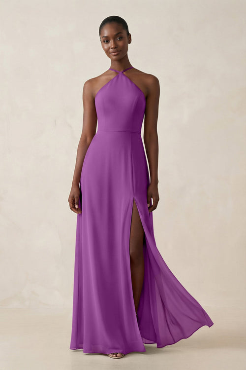 Sheath Halter Chiffon Bridesmaid Dress with Slit in Amethyst - SHE IS ME Bridesmaid Dresses