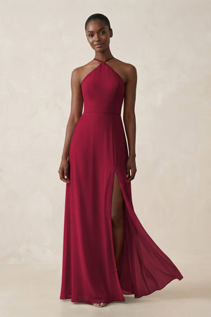 Sheath Halter Chiffon Bridesmaid Dress with Slit in Berry - SHE IS ME Bridesmaid Dresses