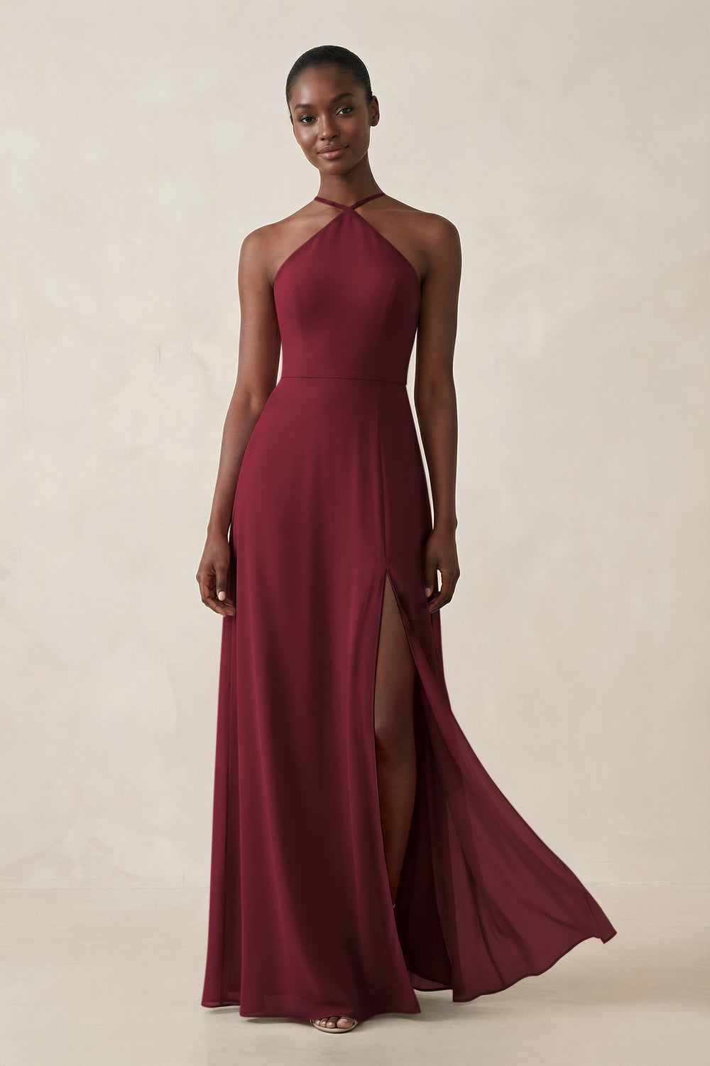 Sheath Halter Chiffon Bridesmaid Dress with Slit in Berry