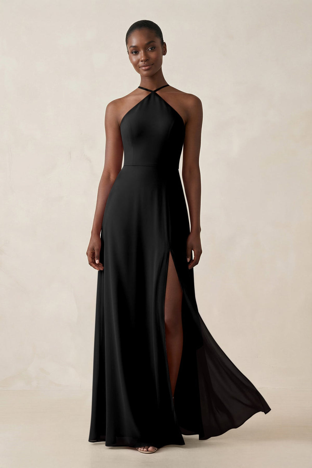 Sheath Halter Chiffon Bridesmaid Dress with Slit in Black - KISS BRIDAL Bridesmaid Dresses