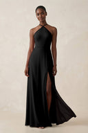 Sheath Halter Chiffon Bridesmaid Dress with Slit in Black - SHE IS ME Bridesmaid Dresses