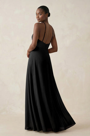 Sheath Halter Chiffon Bridesmaid Dress with Slit in Black - SHE IS ME Bridesmaid Dresses