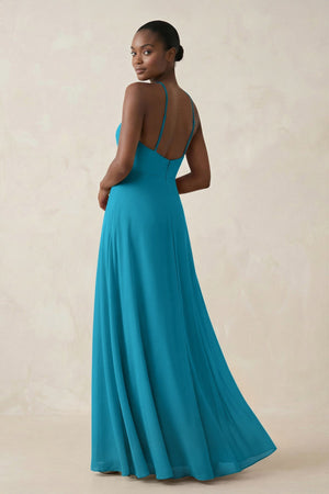 Sheath Halter Chiffon Bridesmaid Dress with Slit in Blue Jay - SHE IS ME Bridesmaid Dresses