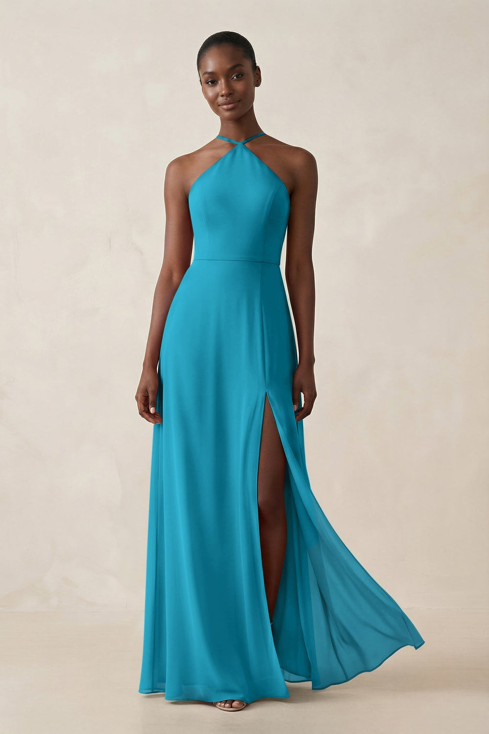 Sheath Halter Chiffon Bridesmaid Dress with Slit in Blue Jay - KISS BRIDAL Bridesmaid Dresses