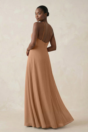 Sheath Halter Chiffon Bridesmaid Dress with Slit in Bronzer - SHE IS ME Bridesmaid Dresses