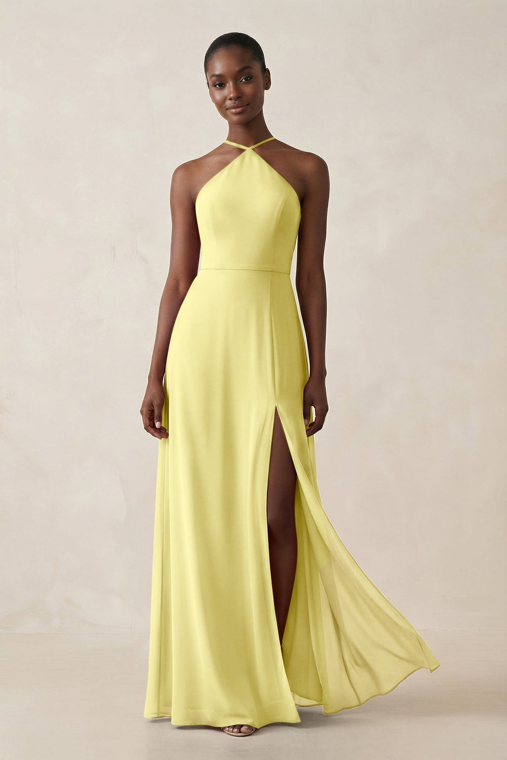 Sheath Halter Chiffon Bridesmaid Dress with Slit in Buttercup - KISS BRIDAL Bridesmaid Dresses
