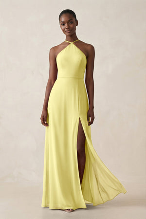 Sheath Halter Chiffon Bridesmaid Dress with Slit in Buttercup - SHE IS ME Bridesmaid Dresses