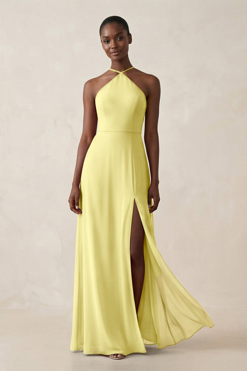 Sheath Halter Chiffon Bridesmaid Dress with Slit in Buttercup - SHE IS ME Bridesmaid Dresses